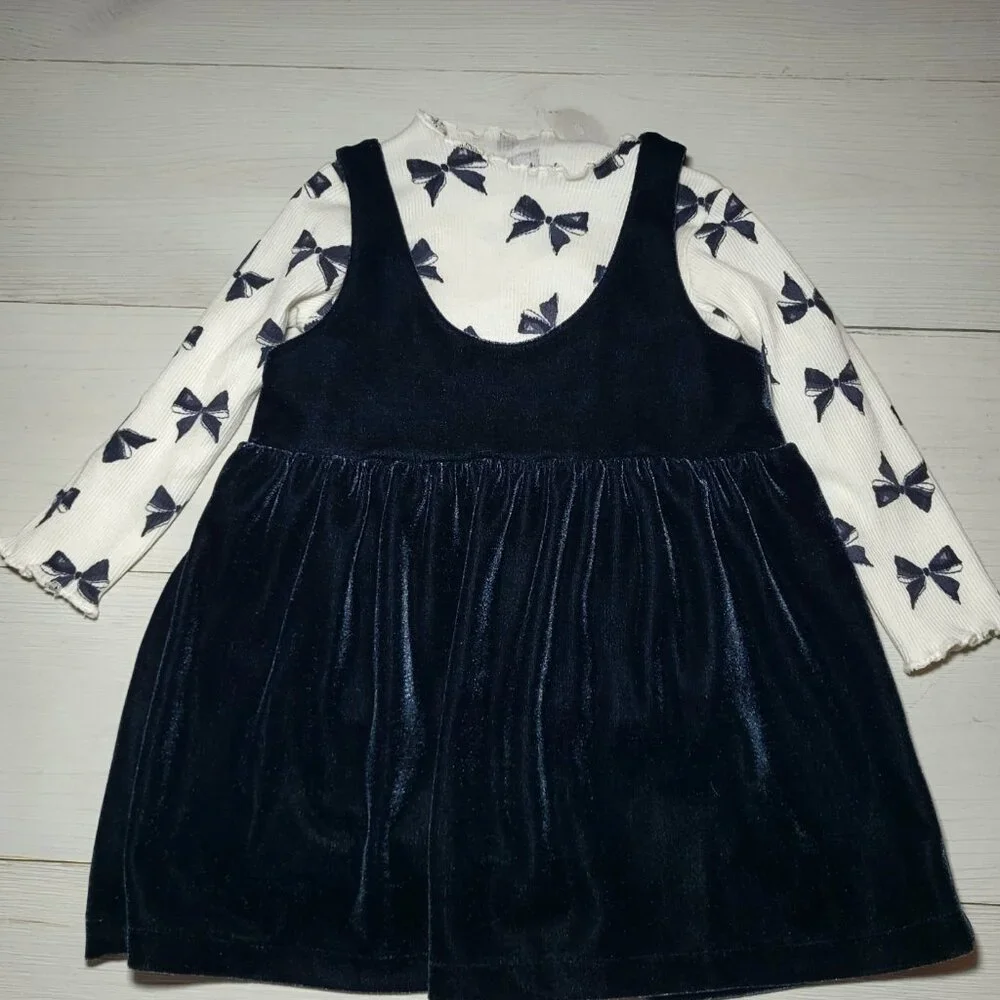 Carter's Infant Baby Girl's Overall Dress Set Velvet Velour Bows Top Holiday.